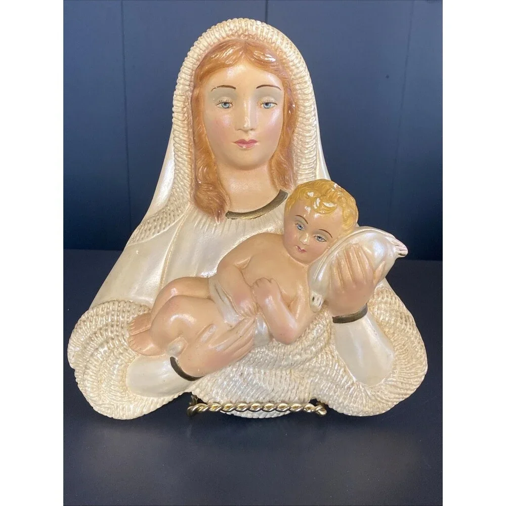 Vintage Virgin Mary Madonna Baby Jesus Wall Hanging Chalk Ware Religious 9